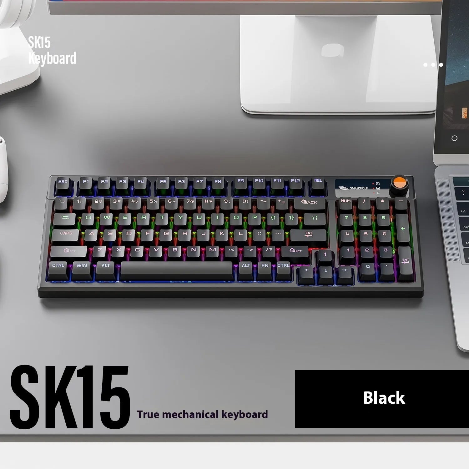 SK15 wired mechanical keyboard with control knob in TKL layout for gaming laptops
