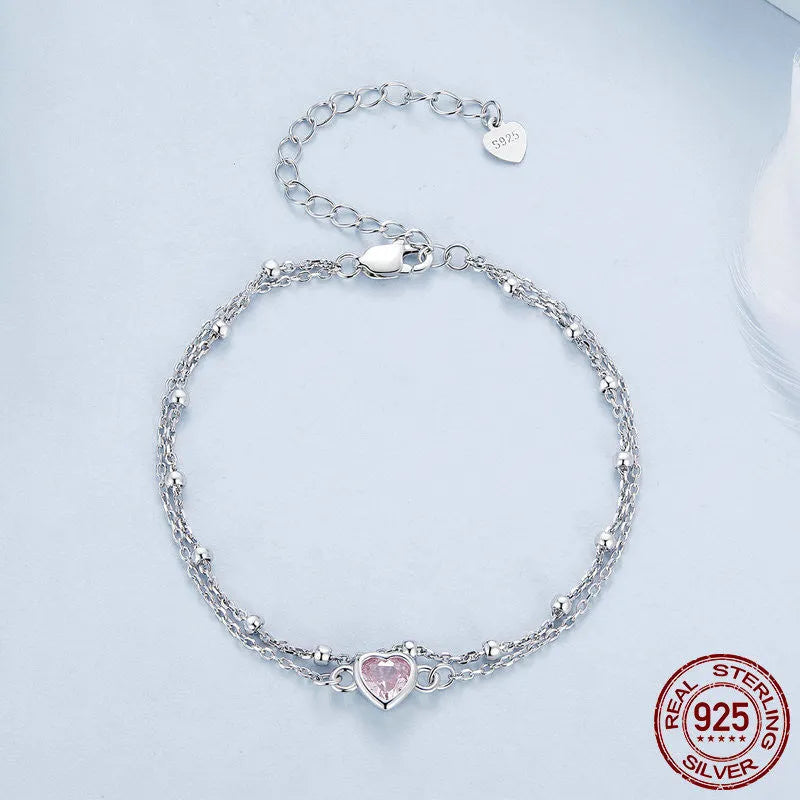 Sweet heart-shaped sterling silver 925 bracelet for women with 6mm pendant