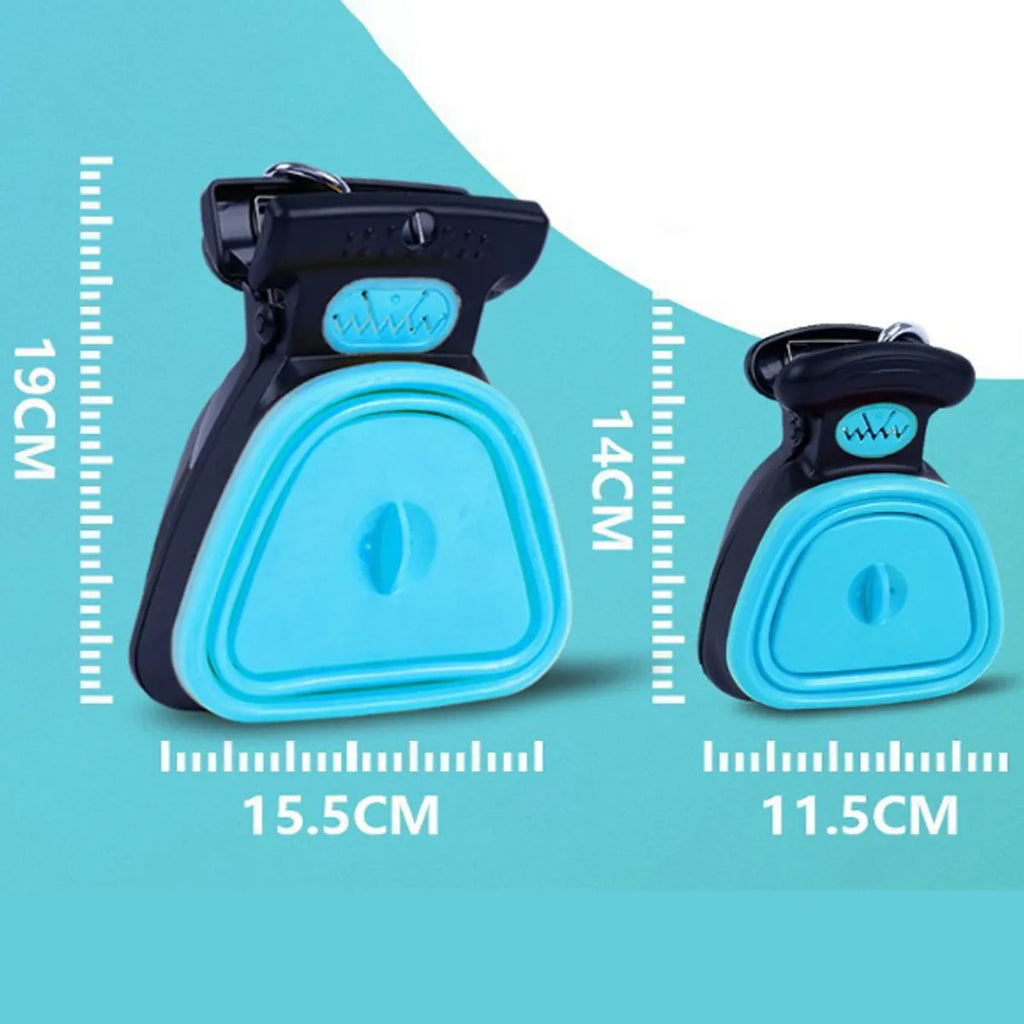 Blue portable dog pooper scooper with clip, bag dispenser, and unfolded waste container.
