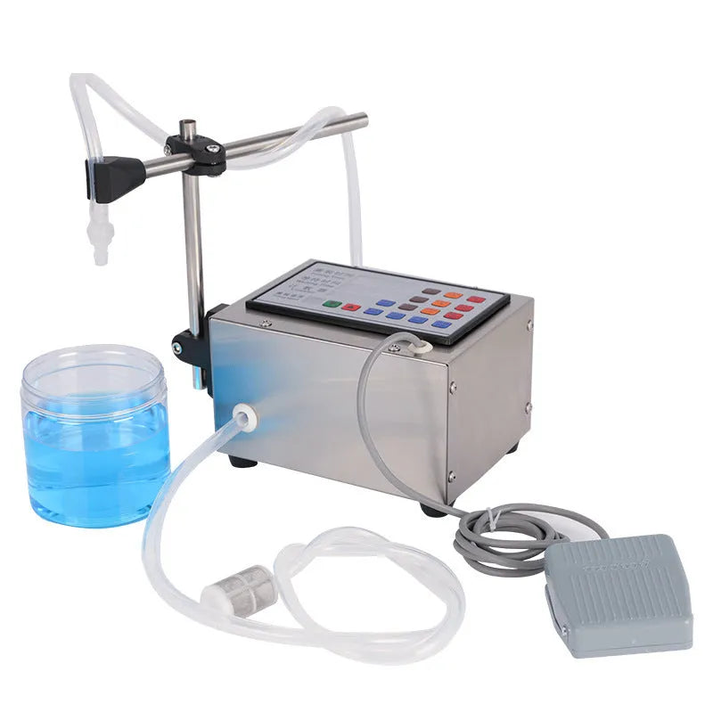 CNC quantitative liquid filling machine with automatic dispenser and control panel on grey industrial unit