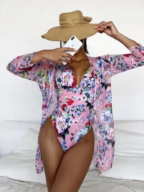 Women's floral tight bikini three-piece swimsuit set with matching cover-up in various colours