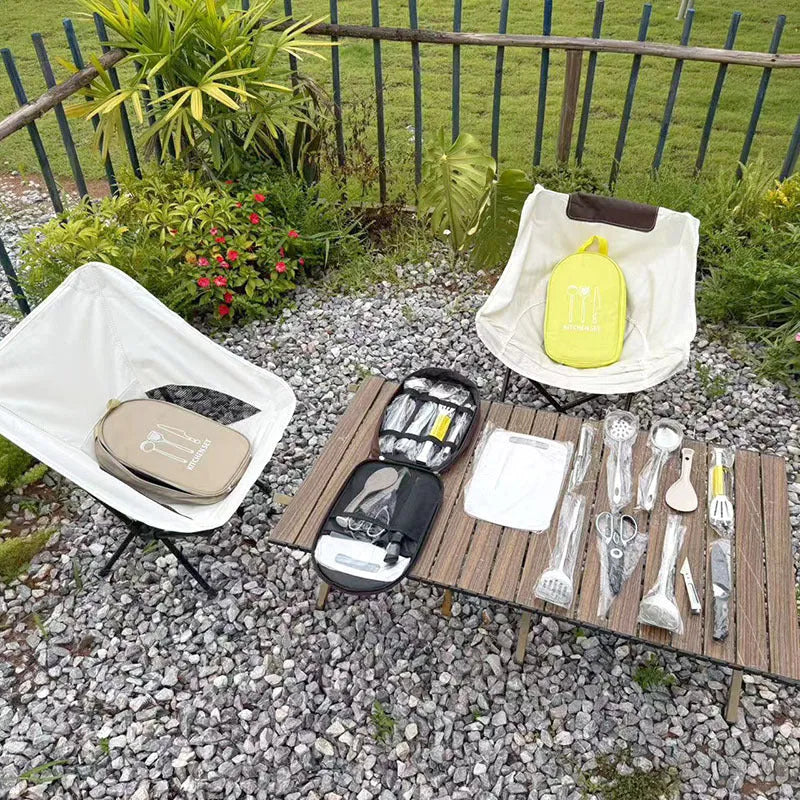 Multi-functional portable picnic kitchenware storage bag containing 12-piece stainless steel utensil set