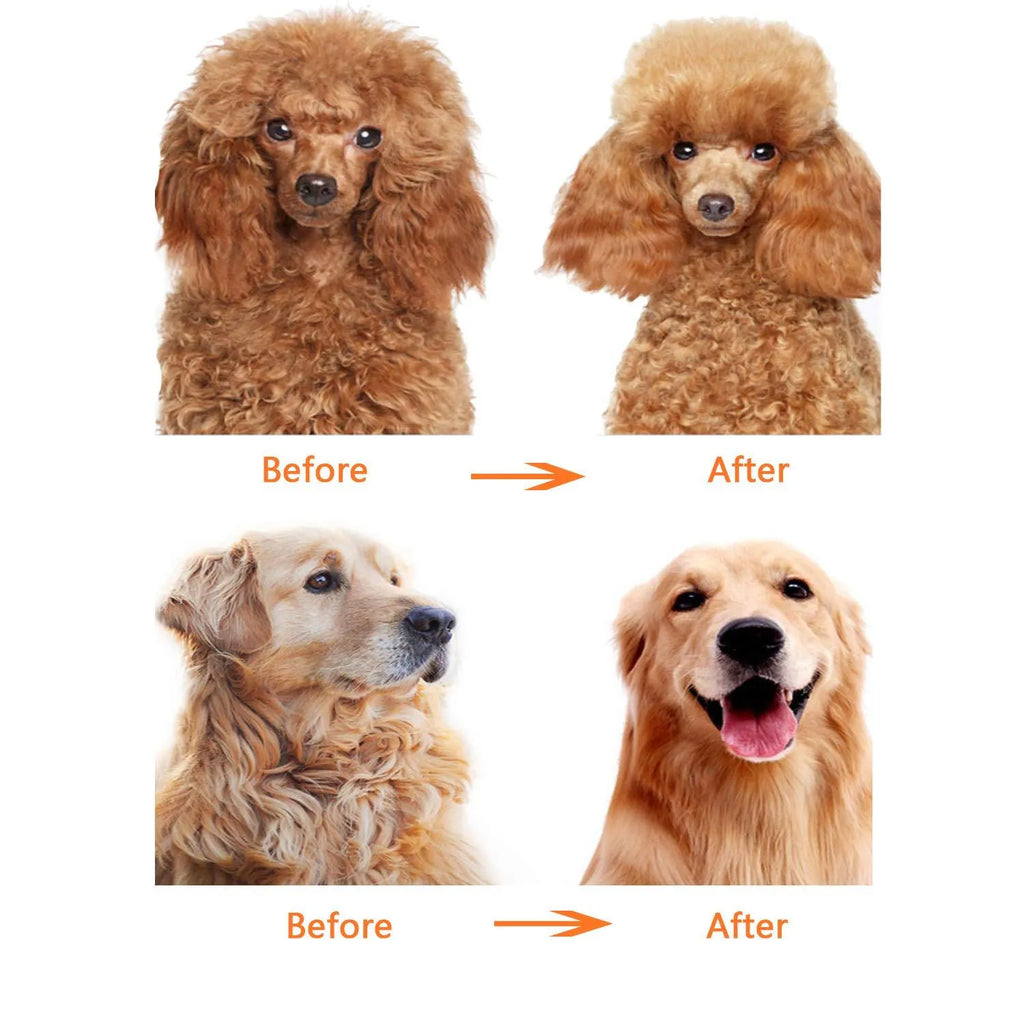 Red plastic handle pet grooming comb with stainless steel short and long teeth for dematting dogs and cats.