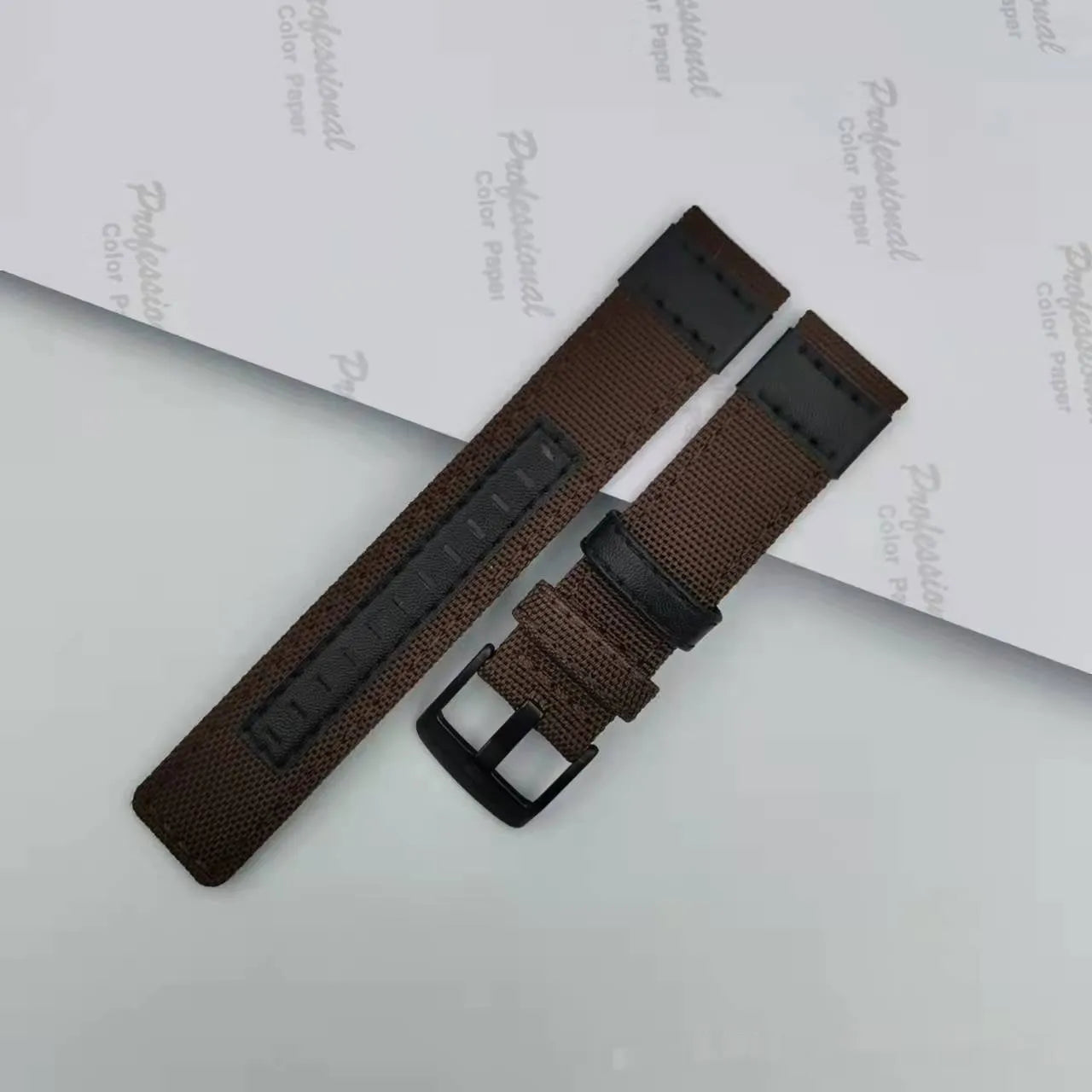 Oxford cloth canvas watch strap in camouflage colour, shown alongside black and blue options.