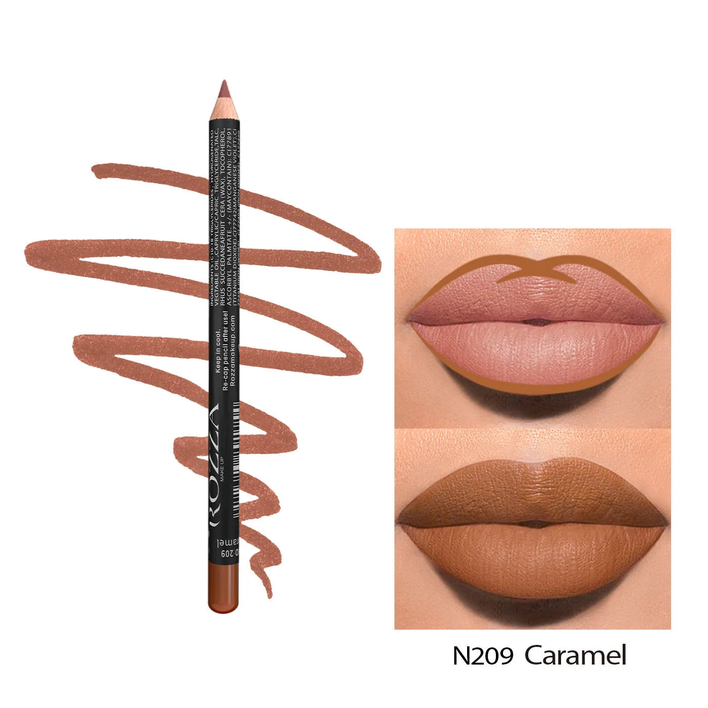 Matte wood lip liner pencil in 14 waterproof shades numbered 201 to 214
