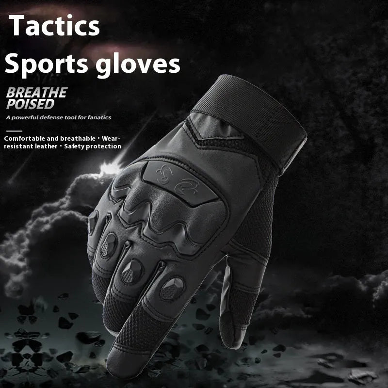 Men's black tactical gloves with full finger design and touch screen compatible fingertips