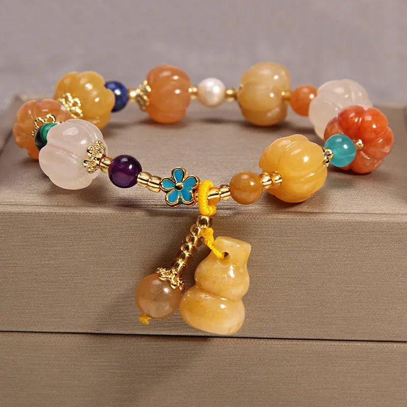 Yellow khaki agate crystal bracelet with gold silk thread for women
