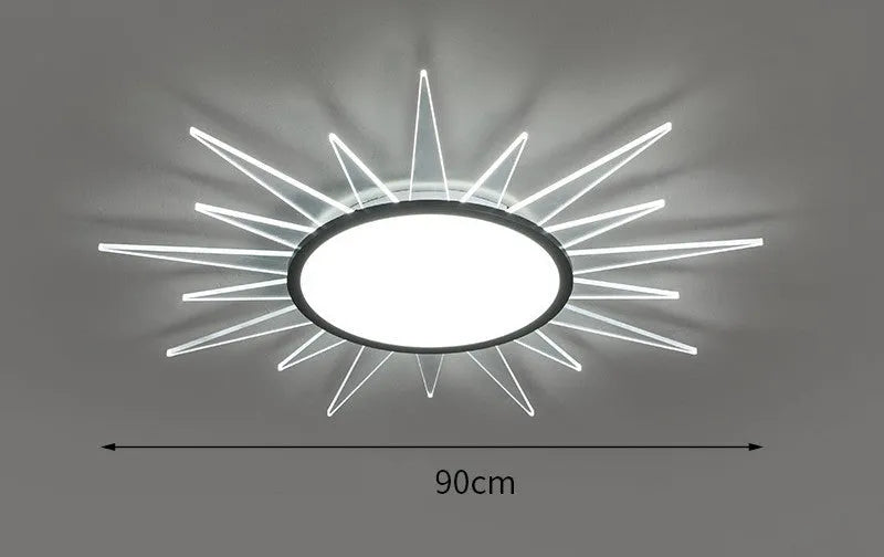 Modern round aluminium LED ceiling lamp with a white shade on a ceiling.