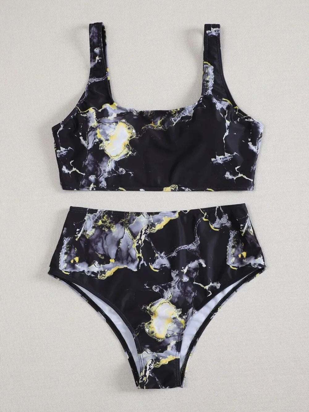 Women's marble tie-dye printed high waist bikini with U-neck design for swimming