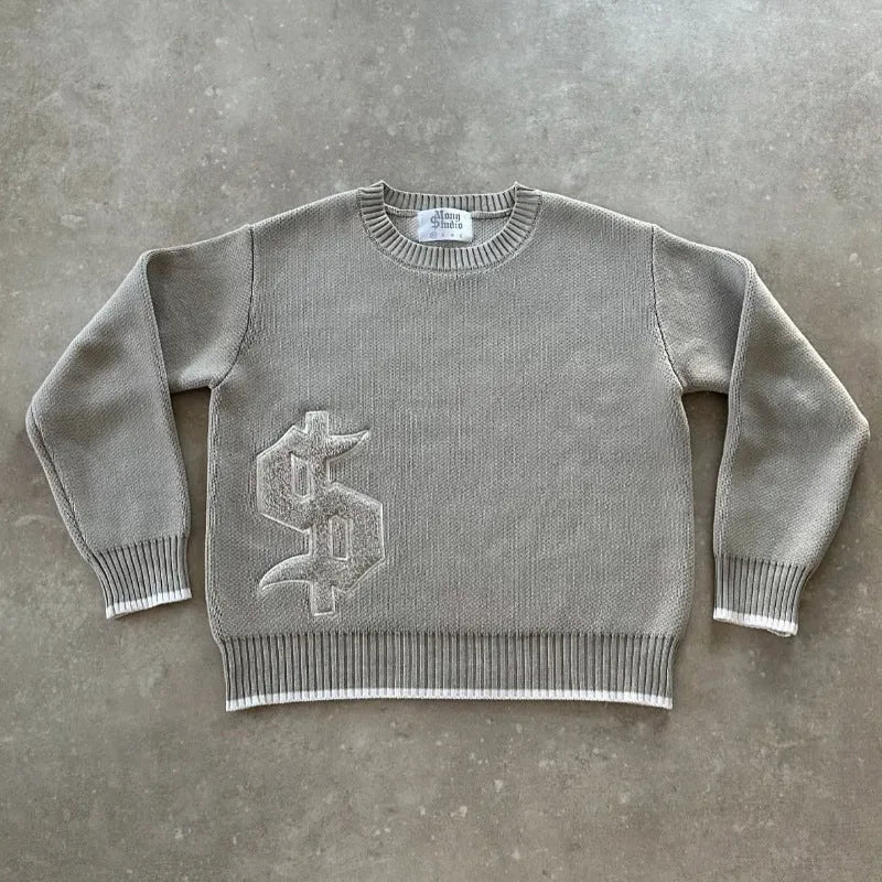 Grey loose-fitting jacquard pattern knitwear coat with long sleeves on hanger