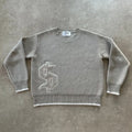 Grey loose-fitting jacquard pattern knitwear coat with long sleeves on hanger