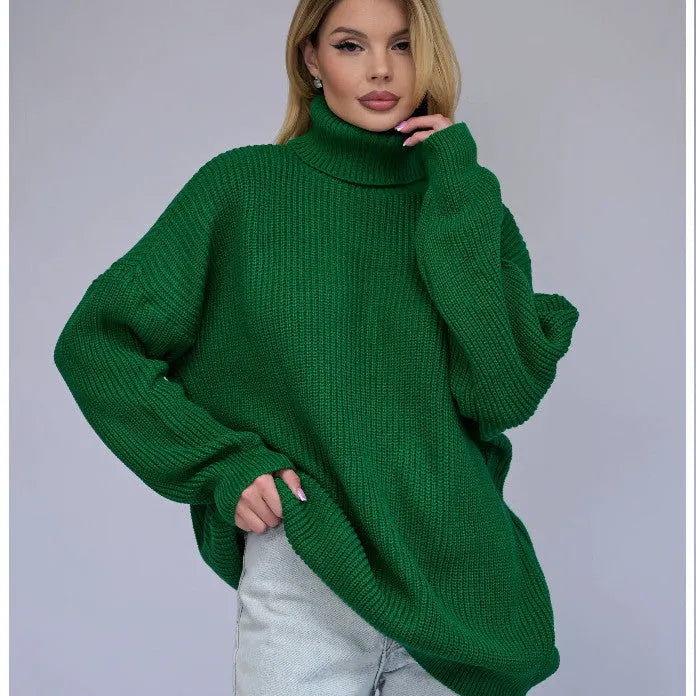 Women's solid colour high neck loose fit pullover sweater on a hanger