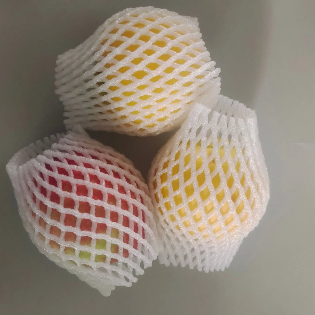 White foam shockproof protective net cover for fruit, shown in various sizes.