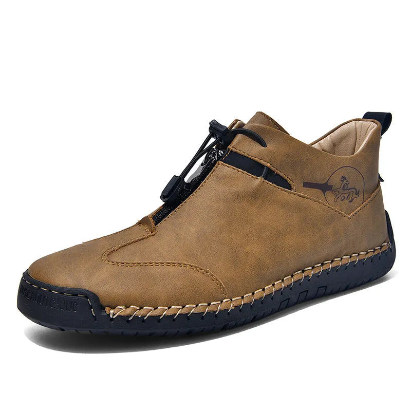 Men's casual leather shoe in green with a tall crown, round toe, mid heel, and rubber sole.