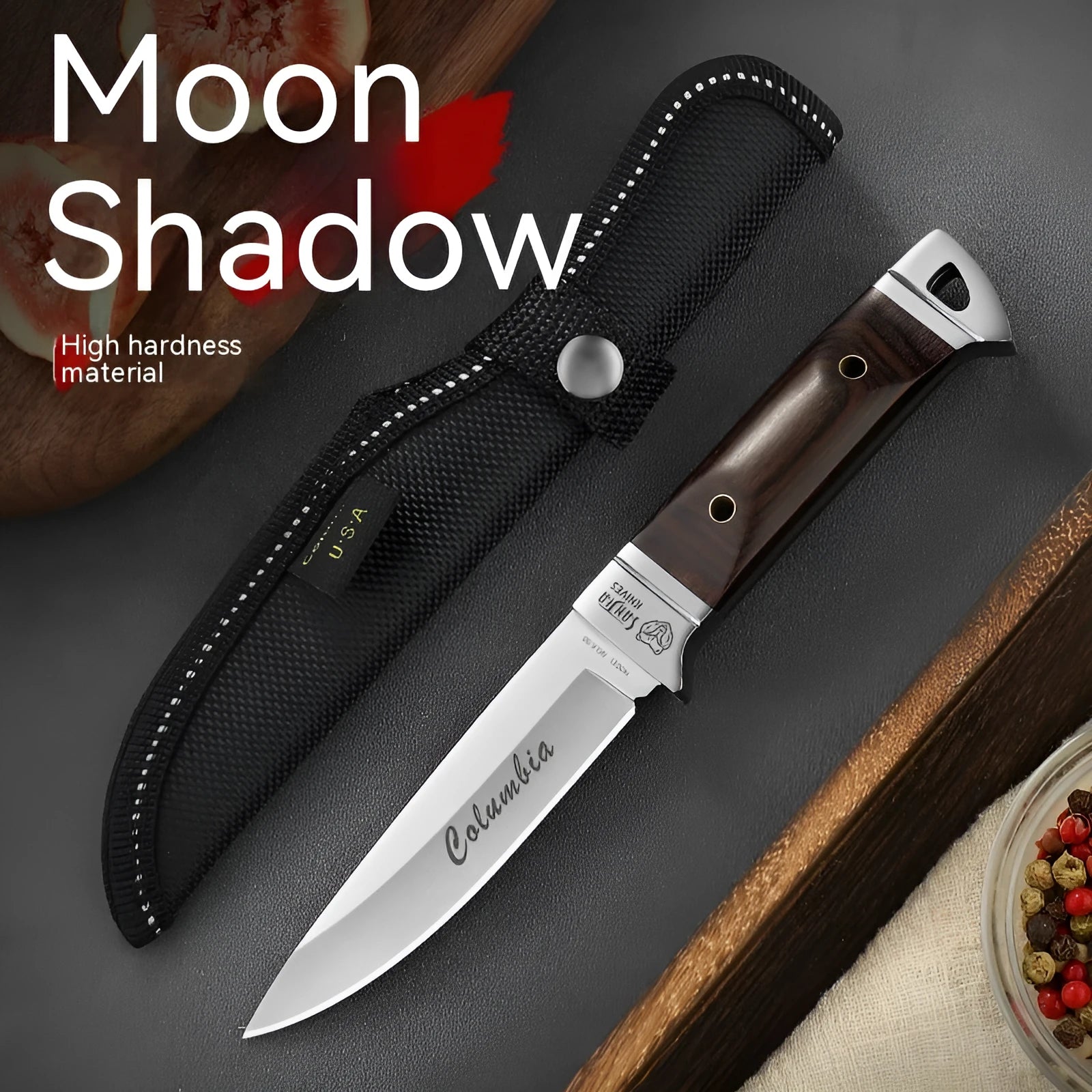 Camping portable fruit knife with leather case and stainless steel blade