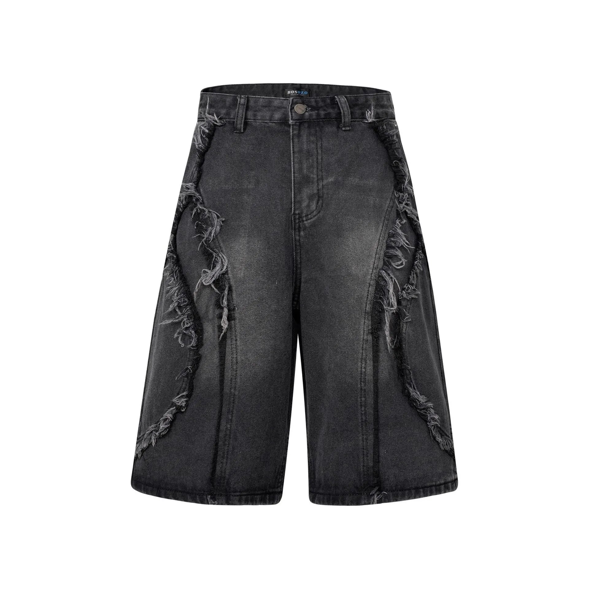 Distressed raw edge denim shorts in light blue, shown on a model.