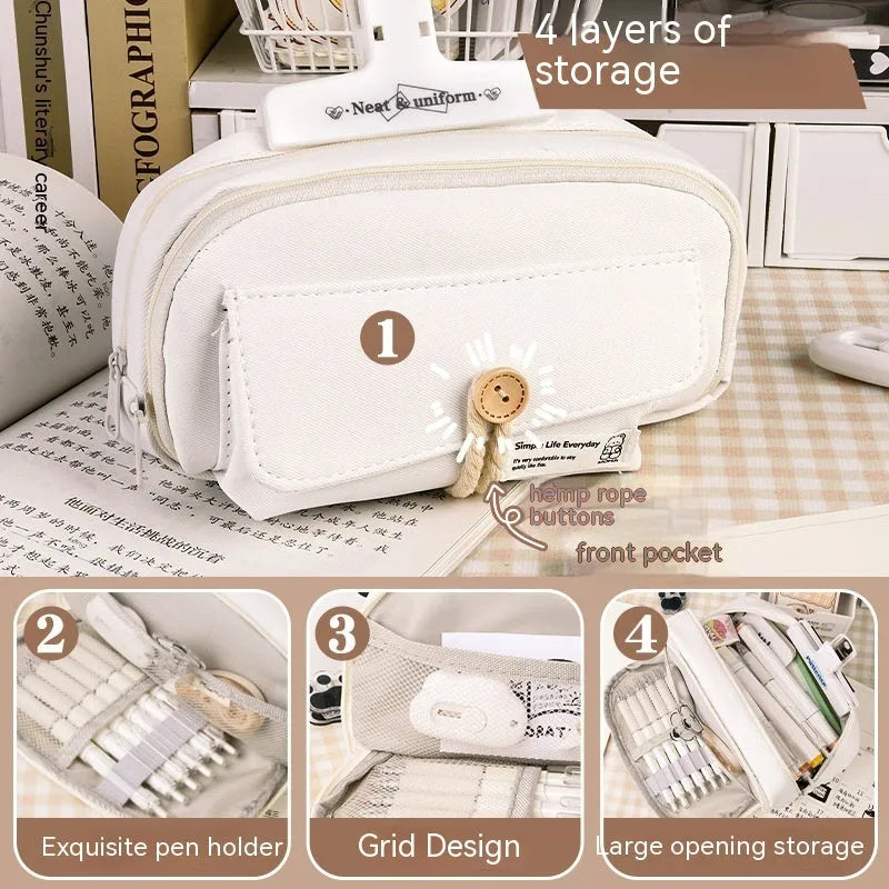 Korean style canvas pencil case in green, holds approximately 80 pens