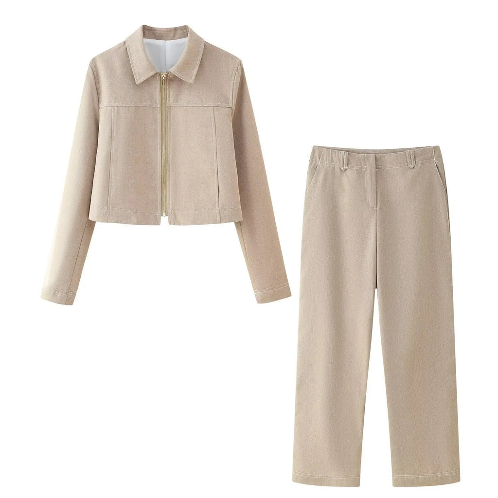 Women's herringbone pattern casual suit set with 3D embroidery, featuring a long sleeve jacket and straight leg trousers.