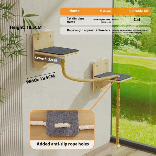 Suspended cat climbing frame with sisal scratching surfaces in space capsule design attached to ceiling