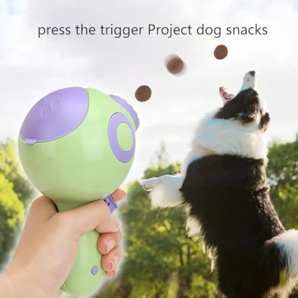 Green orange pink dog treat launcher toy food dispenser for training and interactive pet play