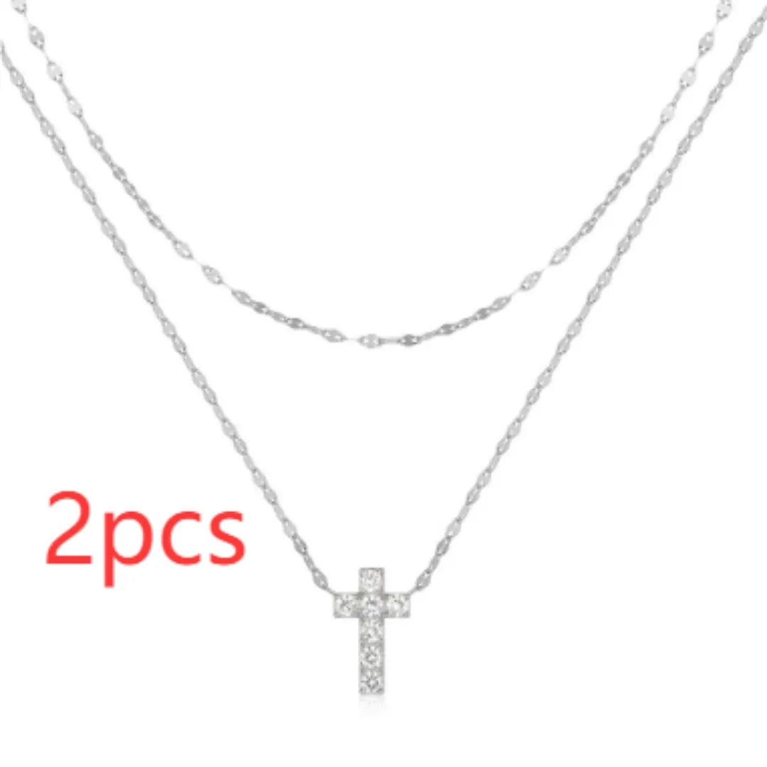 S925 sterling silver double layer geometric cross pendant with twin diamond patterns on clavicle chain
