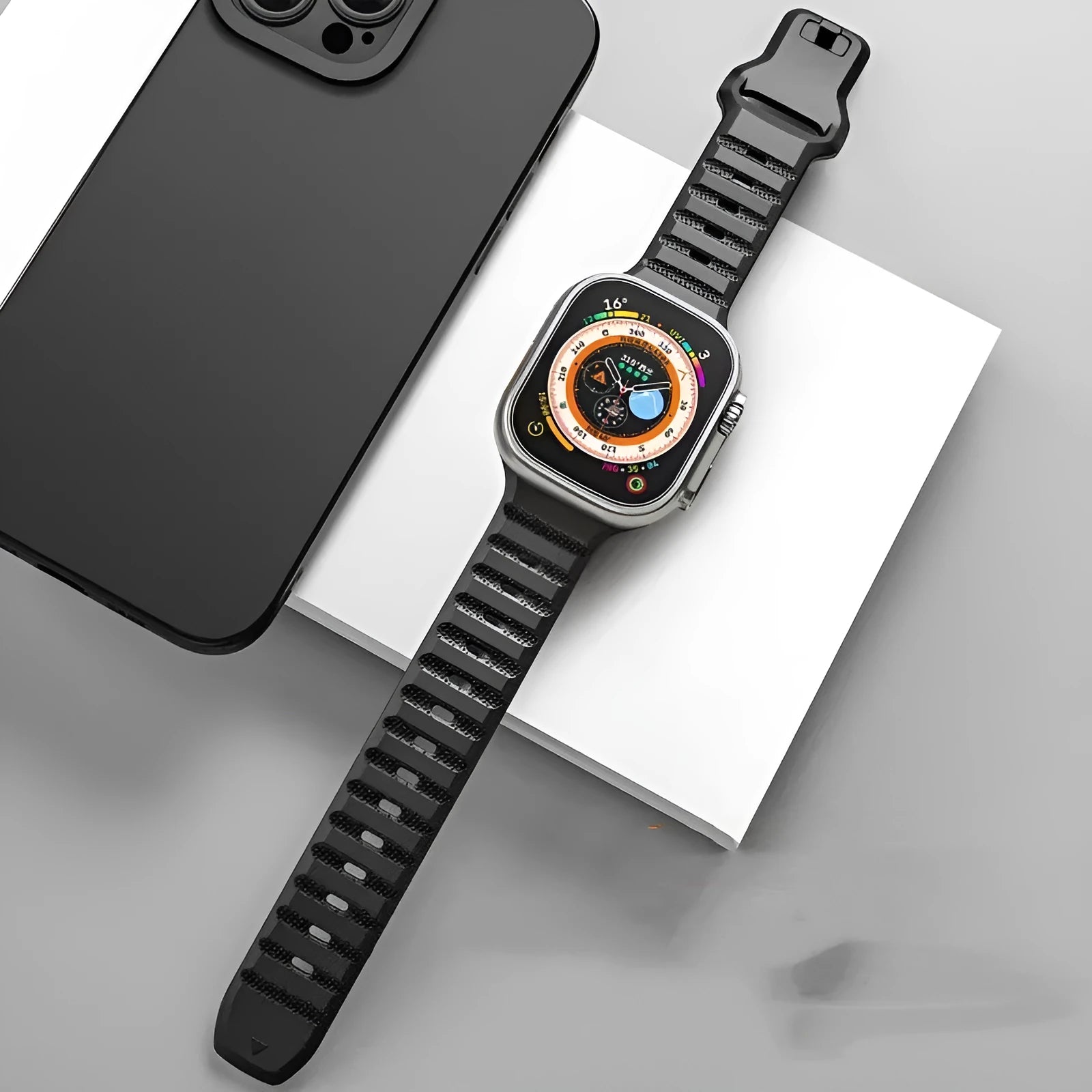 Fluoro rubber watch band with T buckle for Apple Watch, shown in multiple colours.