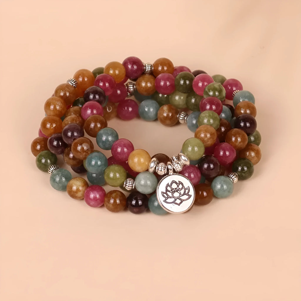 108-bead lotus hanging bracelet with tourmaline beads on adjustable multi-layer alloy string