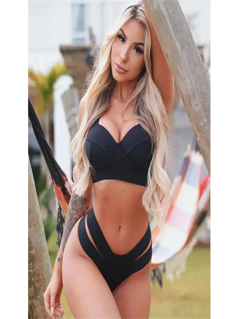 Women's steel bracket push-up bikini swimsuit in contrast colours including rose red and peacock blue