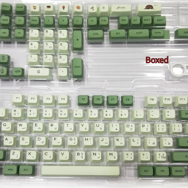 Matcha green PBT keycap set with 124 keys for mechanical keyboards, showing sublimation dye legends.