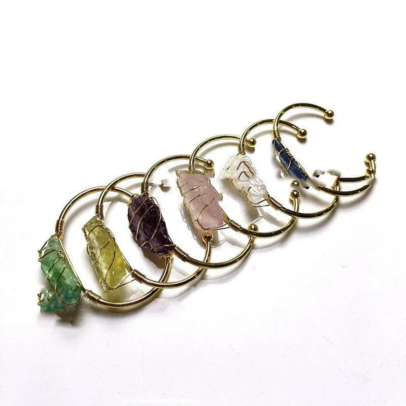 Natural crystal rough stone bracelet with gold winding geometric design and mixed colour bohemian styling