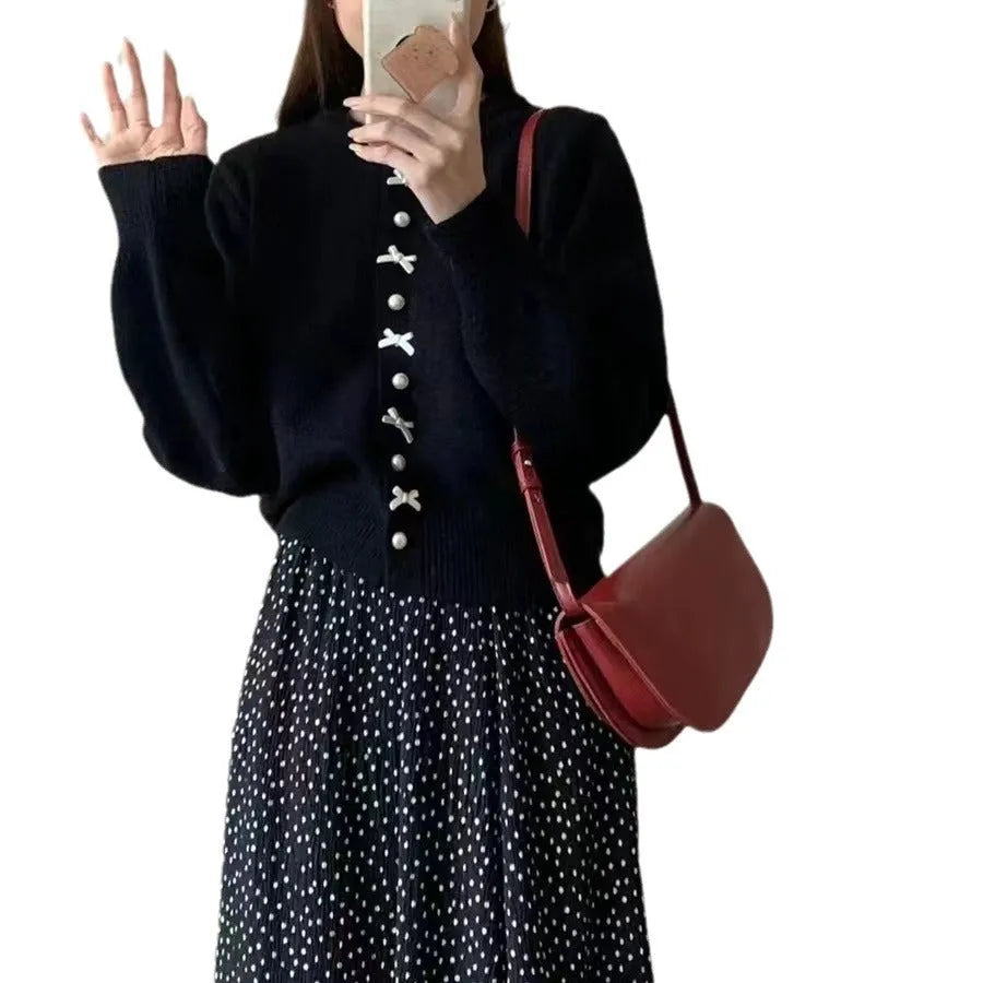 Women's acrylic cashmere cardigan sweater with bow and pearl button detail in nine colour options