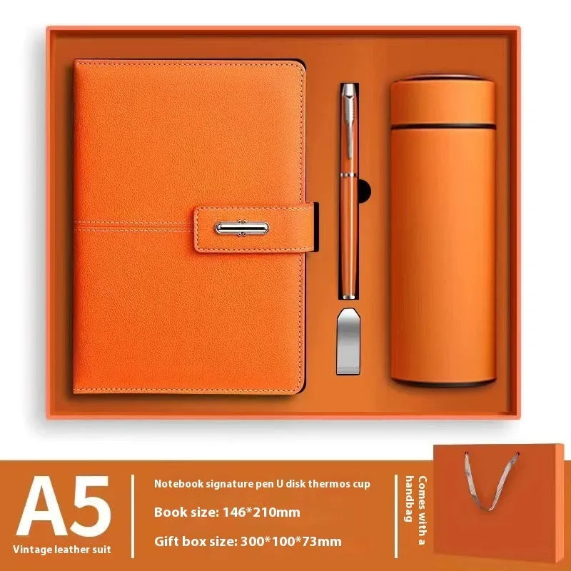 A5 notebook with imitation leather cover in multiple colour options including black, red, green, blue, and orange.