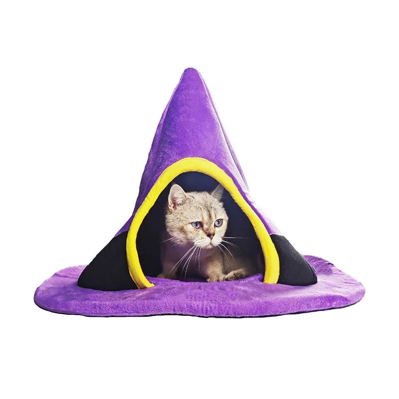 Purple Halloween witch hat shaped cat bed for pets measuring 60cm by 45cm