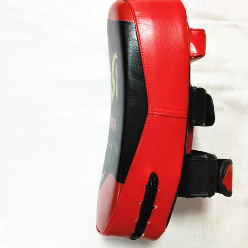 Black and red hand-held martial arts foot target with double buckle for boxing and Sanda training