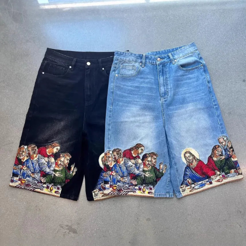 Men's blue cotton tapered shorts with Jesus print design on back pocket showing micro elasticity fabric