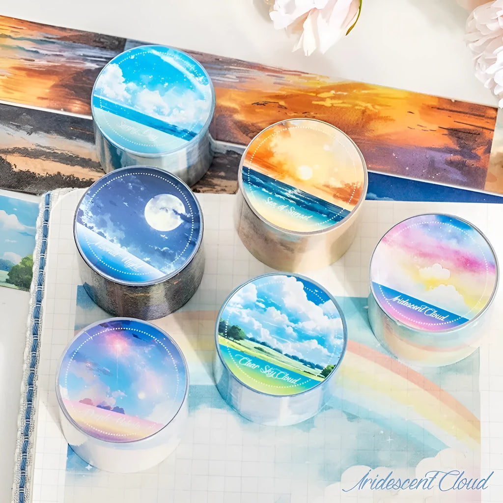 Japanese paper washi tape roll with sky theme designs including clouds, sun and nebula patterns