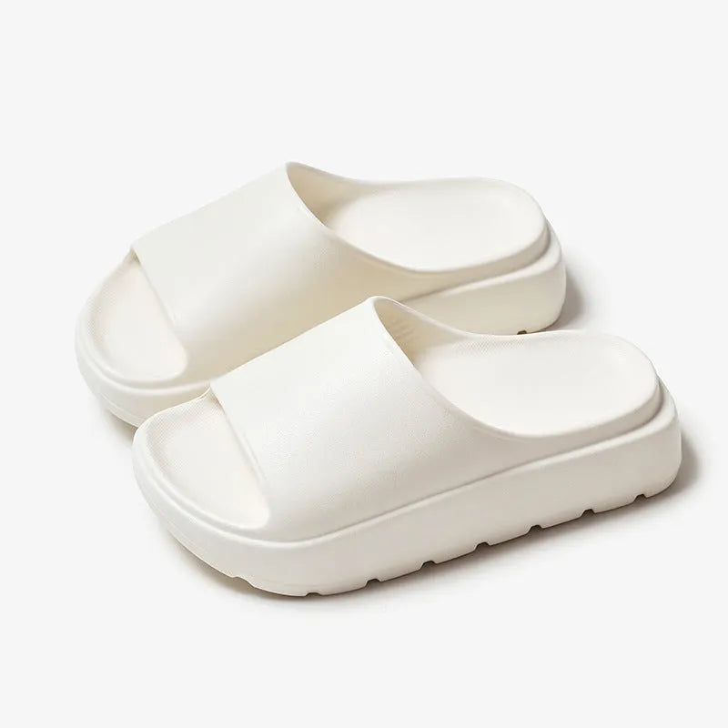 Women's beige fish mouth slippers with a thick 5.5cm sole for beach and bathroom use.