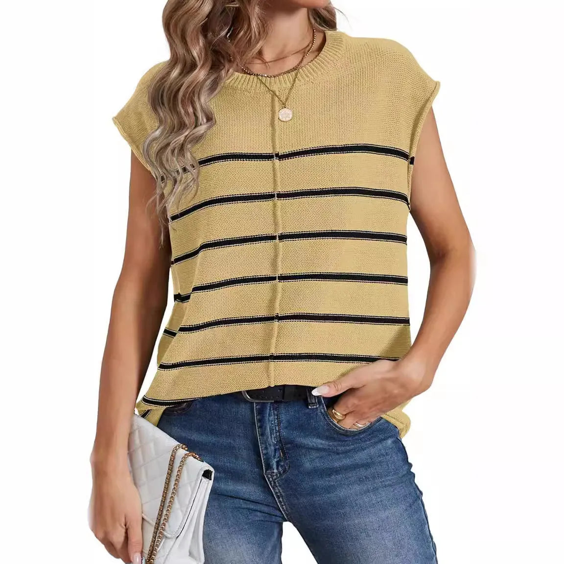 Women's striped sleeveless pullover casual top in apricot colour showing striped seam bone stitching detail.