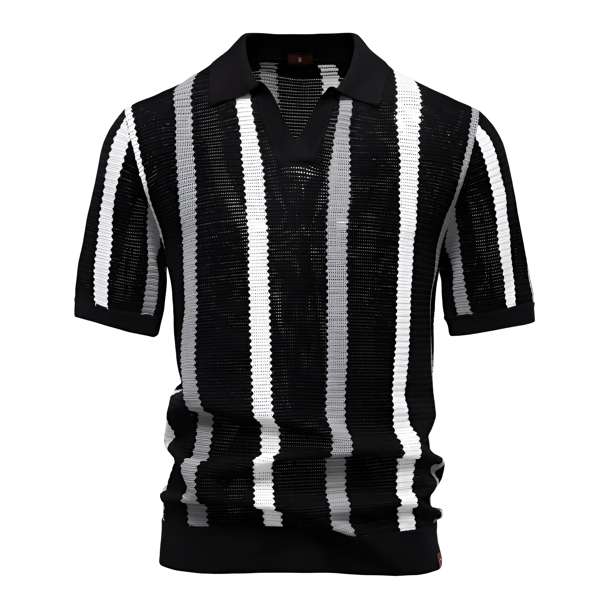 Men's striped short-sleeved polo shirt in breathable hollow knit fabric, shown in light blue colour with mosaic detail.