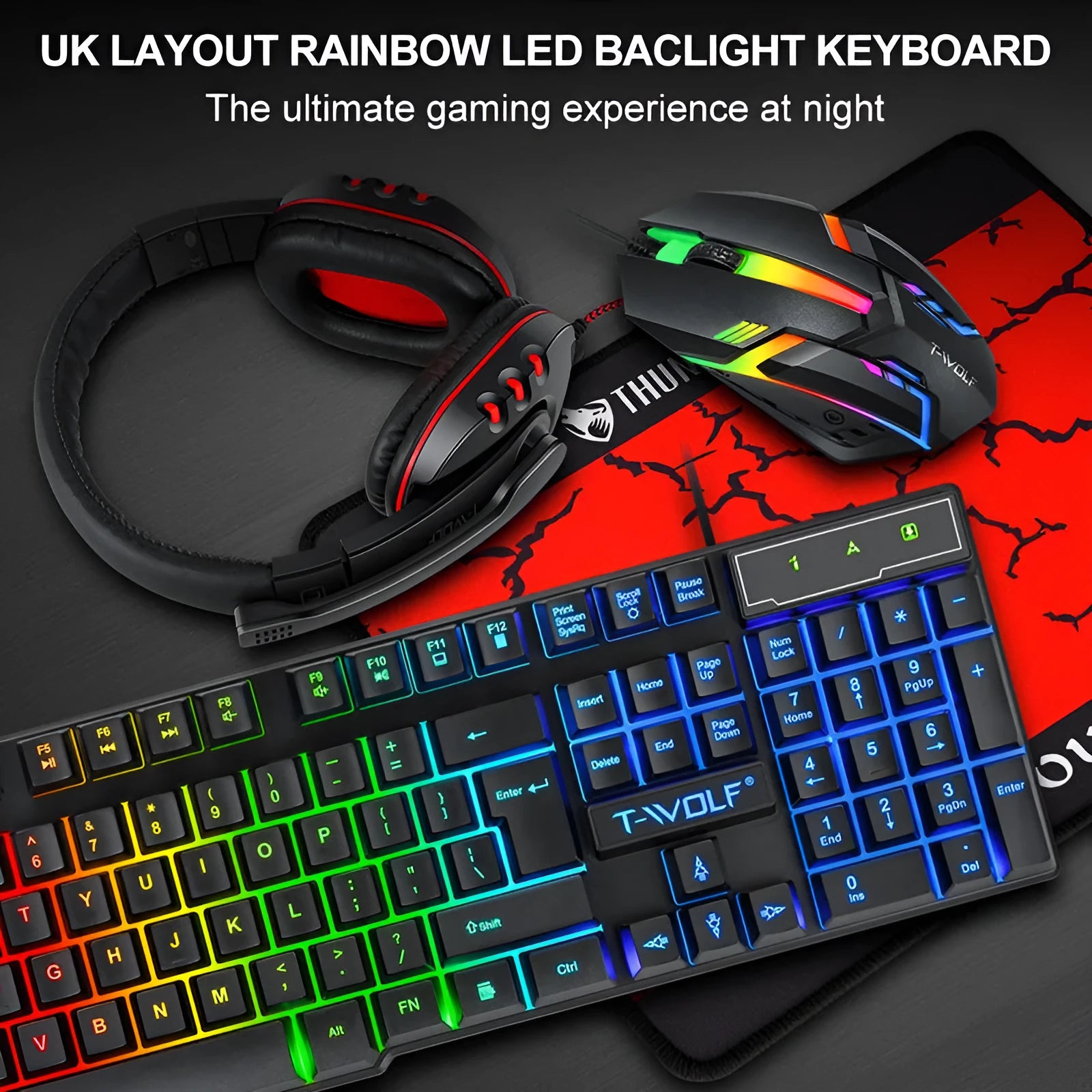 Thunder Wolf T800 wired gaming keyboard, mouse, headset, and mouse pad four-piece set for PC