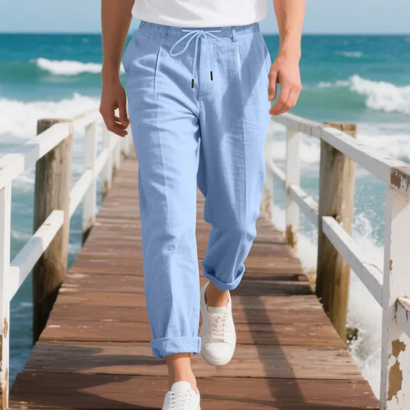 Men's linen casual trousers in straight leg style with drawstring waist in light khaki colour