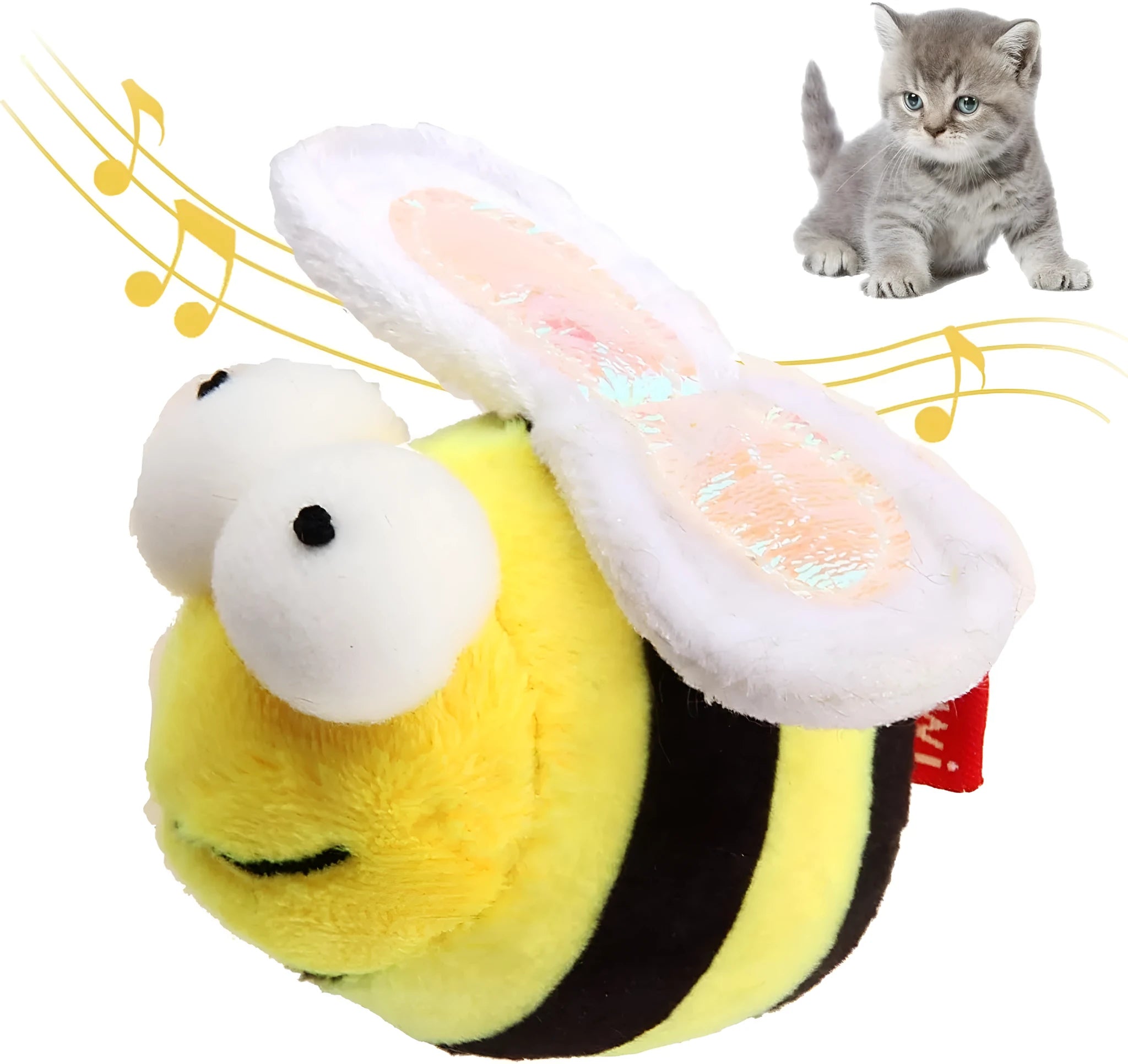 Yellow flannelette bee-shaped electronic cat toy on a plain background.