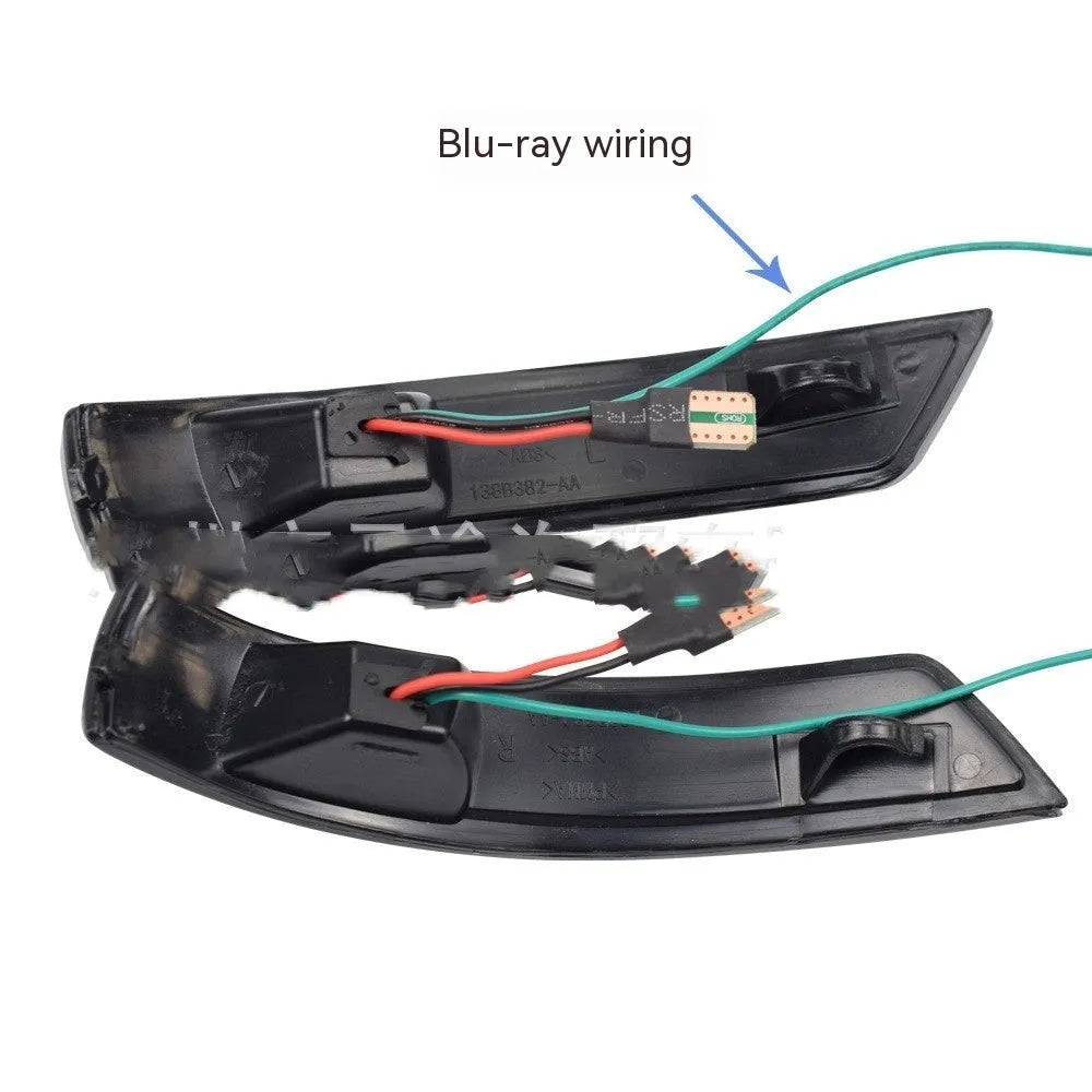 Rearview mirror waterfall LED light strip in blue and yellow two-tone for Ford Focus and Mondeo.