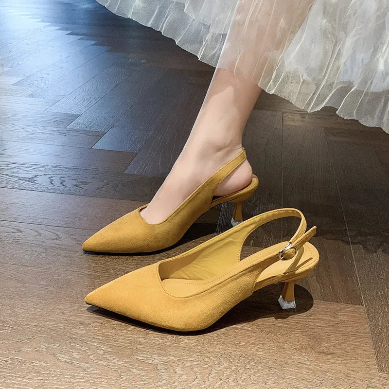 Women's pointed toe stiletto high heels in suede, shown in apricot, pink, sky blue, and yellow colours.