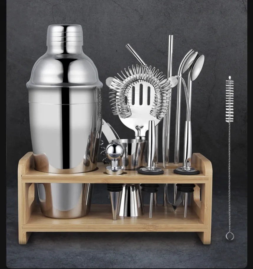 European style 23-piece stainless steel cocktail set with bartending tools on home bar