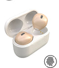 Invisible wireless Bluetooth headset with 9mm miniature earplug design in skin tone, white, and pink colours