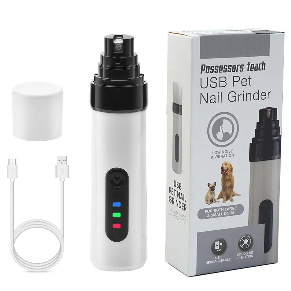 White electric dog nail trimmer with LED display showing speed settings and dust collection compartment
