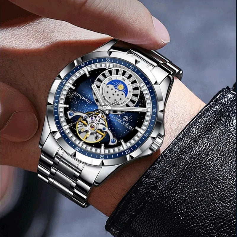 Men's silver automatic mechanical watch with blue dial on stainless steel strap