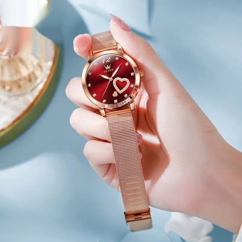 Women's fashion watch with mesh strap and rose shell case in six dial colour options