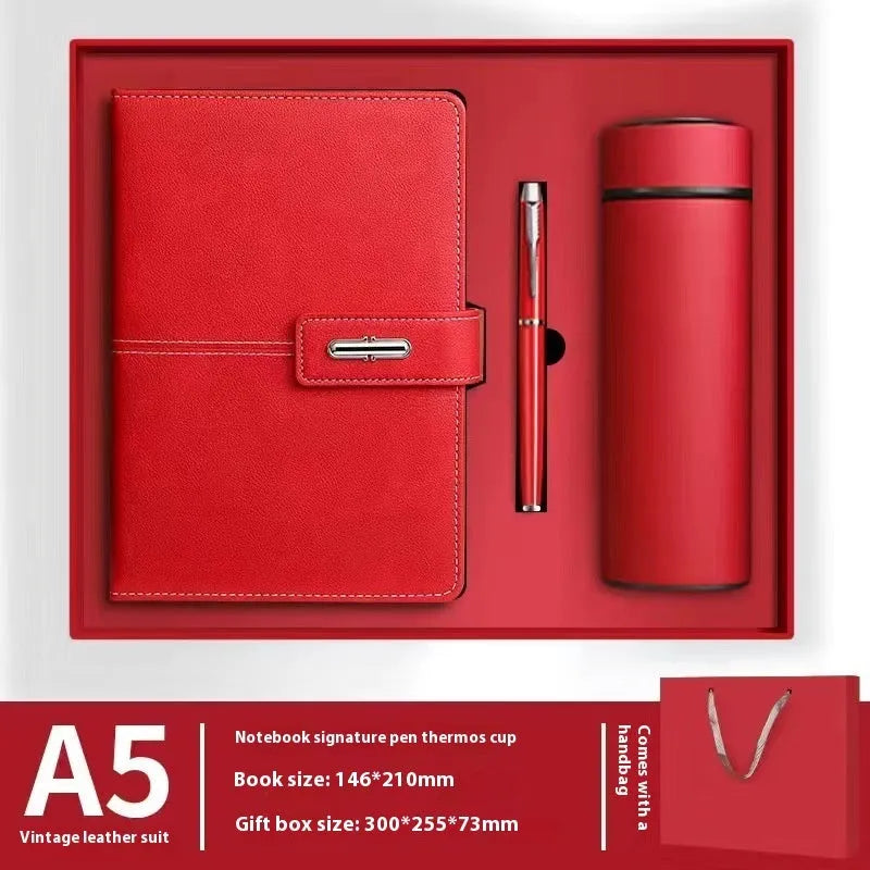 A5 notebook with imitation leather cover in multiple colour options including black, red, green, blue, and orange.
